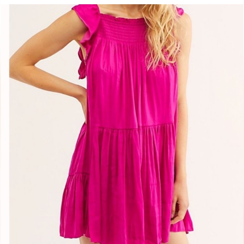 Intimately Free People Ruffle Smocked Babydoll Mini Dress Fuchsia Pink Size Lg.